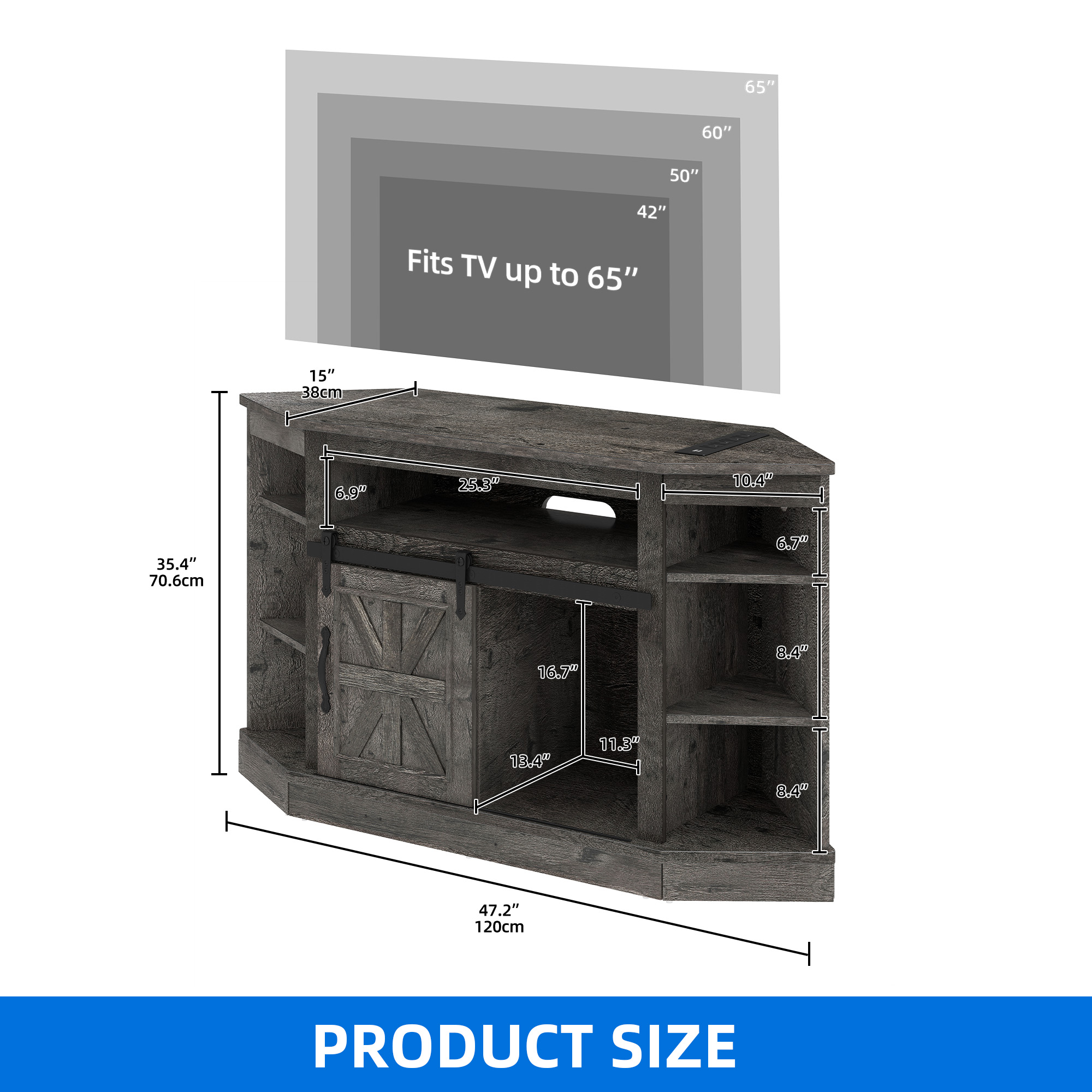 DEXTRUS Farmhouse Corner TV Stand for 50" TV, Entertainment Center with Sliding Barn Door, Dark Gray