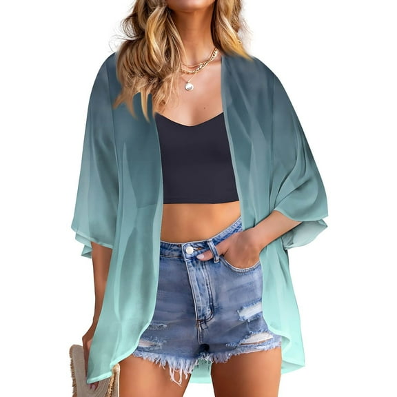 bbyeadc Pink Shrugs for Women 3/4 Sleeve Light Weight Chiffon Cardigan Women Lightweight Open Front Shrug Cardigan Gradient Dressy Casual Soft Thin Cardigans, Light Blue S