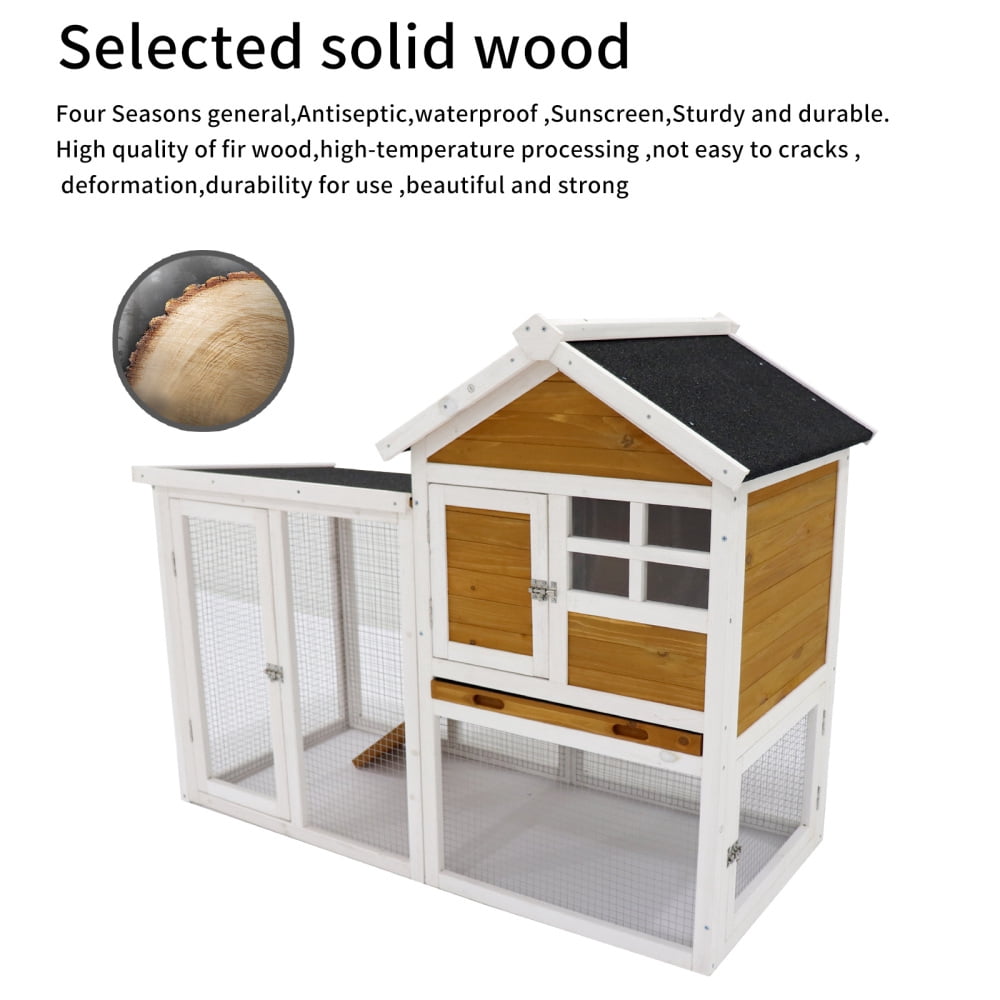 Deluxe Wooden Rabbit Hutch with Easy Clean Deep Tray & Waterproof Roof for Rabbits & Chickens, Solid Wood Construction, 3 Doors for Interaction, Expandable Design, Quick Assembly