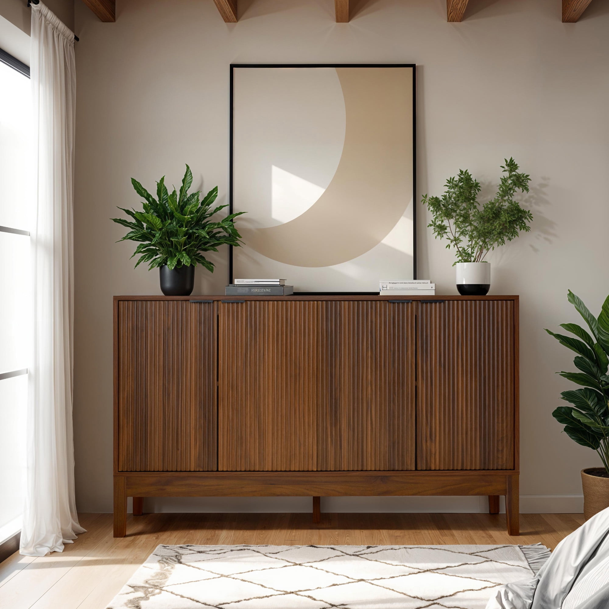 Best Choice Products 4-Door Reeded Storage Cabinet w/ Soft-Close Doors, Multipurpose Accent Furniture - Walnut