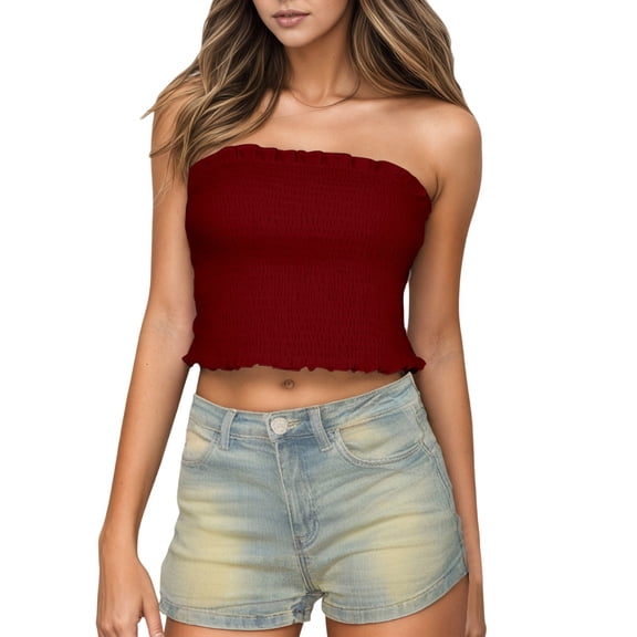 HAYIMI Women Detachable Strap Smocked Tube Tops, Ruffle Edge Elastic Strapless Bandeau Bustier, Textured Fabric Convertible Wrap Camisole for Daily Layering