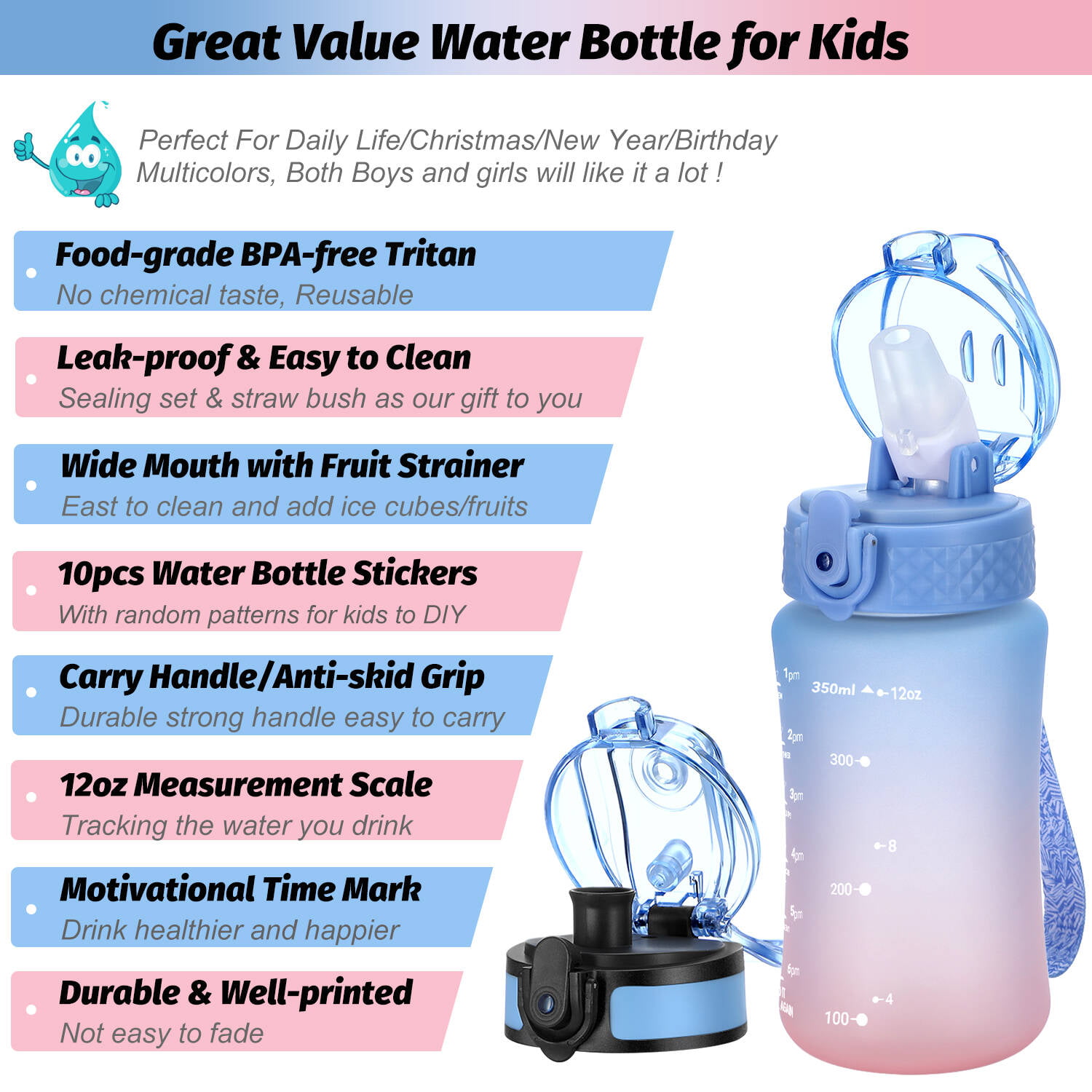  OLDLEY Kids Water Bottle for School, 12 oz (2 lids) BPA-Free  Reusable Leak-proof Durable Tritan Plastic Water Bottles with Straw & Chug  Lids, Anti-dust Spout Cover (Lake) : Sports & Outdoors