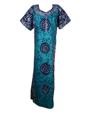 Mogul Women Cotton Maxi Dress Maternity Teal Blue Batik Print Sleepwear Evening Holiday Dresses XL