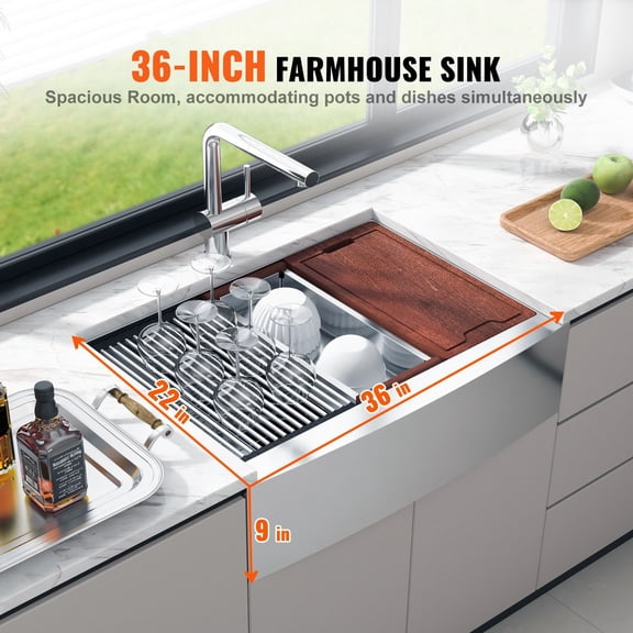 36 Inch Farmhouse Apron Sink, 304 Stainless Steel Single Bowl Kitchen Sink with Drainboard, Top Mount Installation for Prep Station and Bar