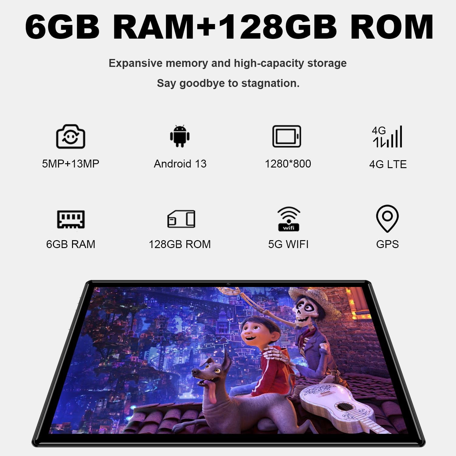 Tablets 10 Inch, Octa-Core Android 13 Unlocked Tablet with SIM Card Slot,128GB ROM+6GB RAM, 5MP+13MP Camera/5G WIFI GPS/BT/6000mAh/1280*800 IPS Screen/Cellular Tablets with Case (Black)