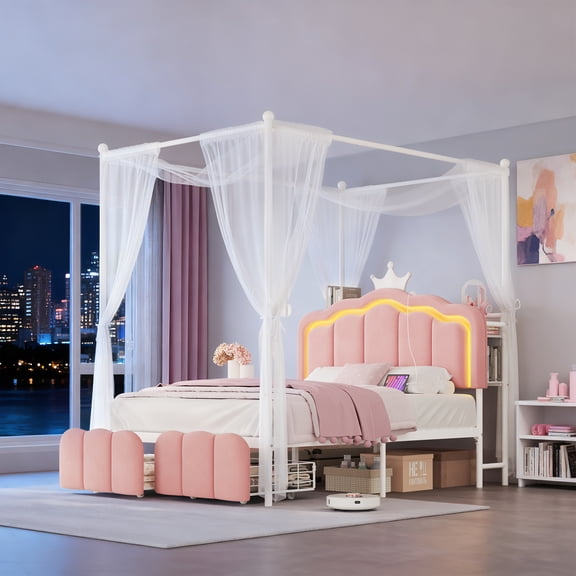 Vipuse Full Velvet Upholstered LED Canopy Bed Frame with 2 Storage Drawers and Charging Station, Crown Headboard with Bookshelf, Princess Platform Bed with 4 Removable Posts,Metal Slats Support-Pink