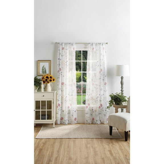 Martha Stewart Garden Print Curtain Panel Pair, Multicolor, Floral Pattern, Pole Top, Semi Sheer, Indoor, Adult, 2 Piece Set, 37" x 84"