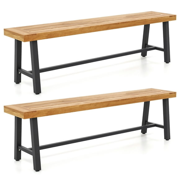 Gymax 2PCS 63'' Long Outdoor Acacia Wood Bench Seats up to 3 Persons for Garden Porch