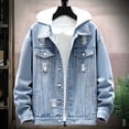 thumbnail image 5 of Men Denim Jacket Ripped Button Closure Solid Color Streetwear Spring Autumn Outerwear Loose Holes Jeans Coat for School, 5 of 7