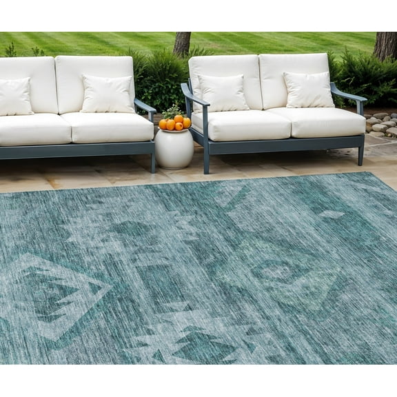 HomeRoots 588736 9 x 12 ft. Southwestern Washable Indoor & Outdoor Rectangle Area Rug, Teal Blue & Aqua