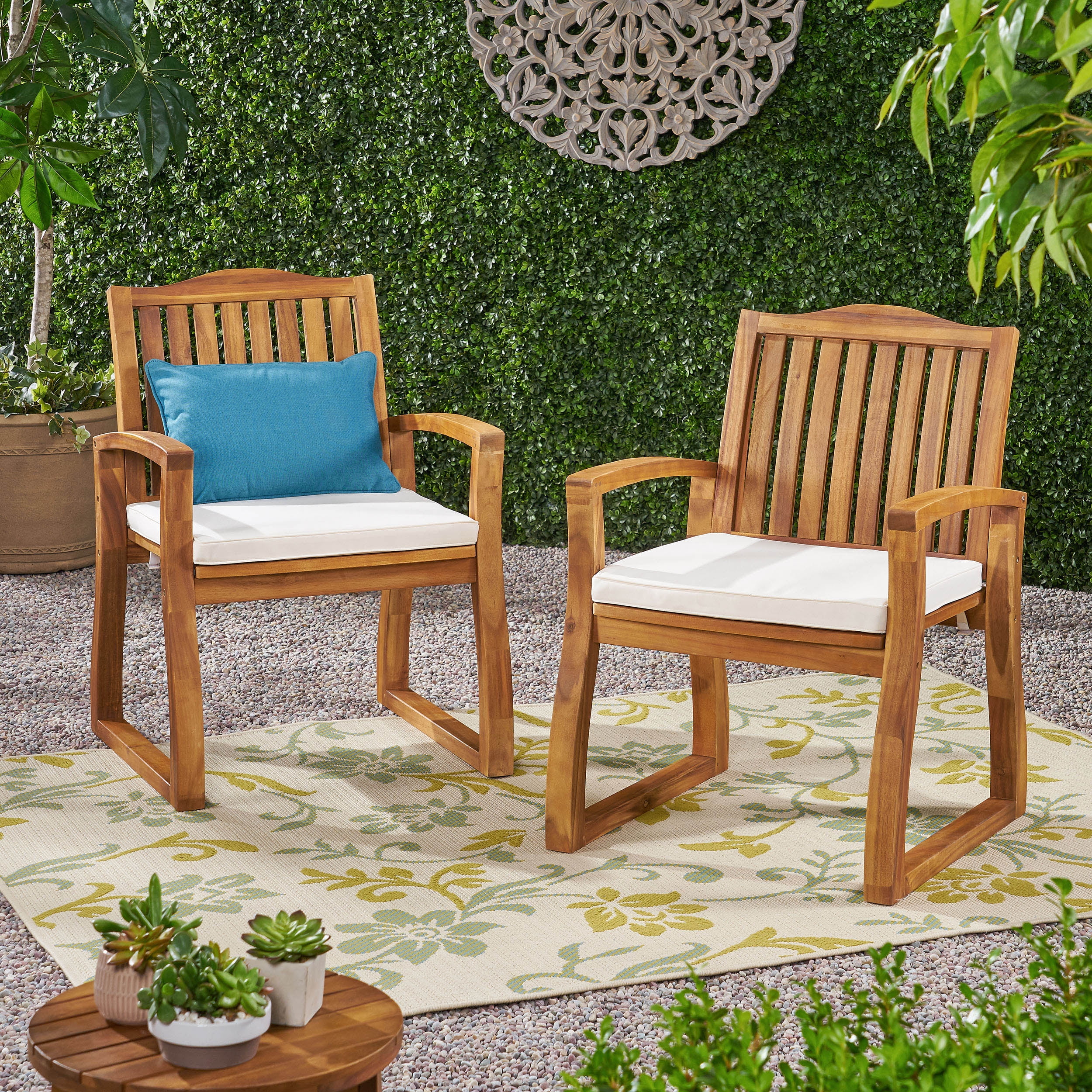 Outdoor Acacia Wood Armrest Dining Chair Set of 2, Household Leisure Seats for Patio Garden, Teak and Ivory