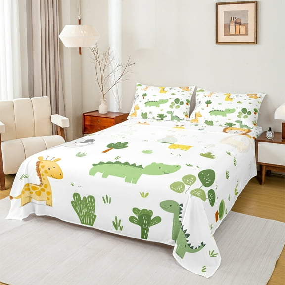 jejeloiu Cute Cartoon dinosaur Twin Sheet Sets,Zoo Animal Giraffe Twin Fitted Sheet,Tropical Desert Plant Cactus Flat Sheet For Kids Boys,Super Cozy Room Decor,3-Piece