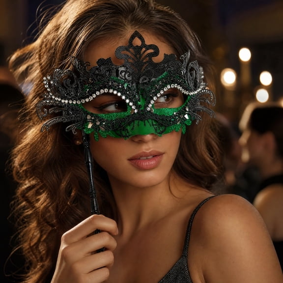 Masquerade Mask for Women, Venetian Masquerade Masks 12 Inch Masquerade Mask with Stick, Mardi Gras Mask for Party Halloween Green, 1 Pack