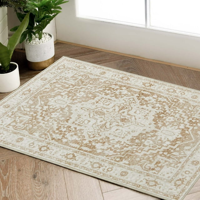 Rugking Doormat 2x3 Washable Persian Rug Indoor Entryway Vintage Rug Taupe Area Rug Foldable Non Slip Low Pile Mat for Bathroom Kitchen Bedroom