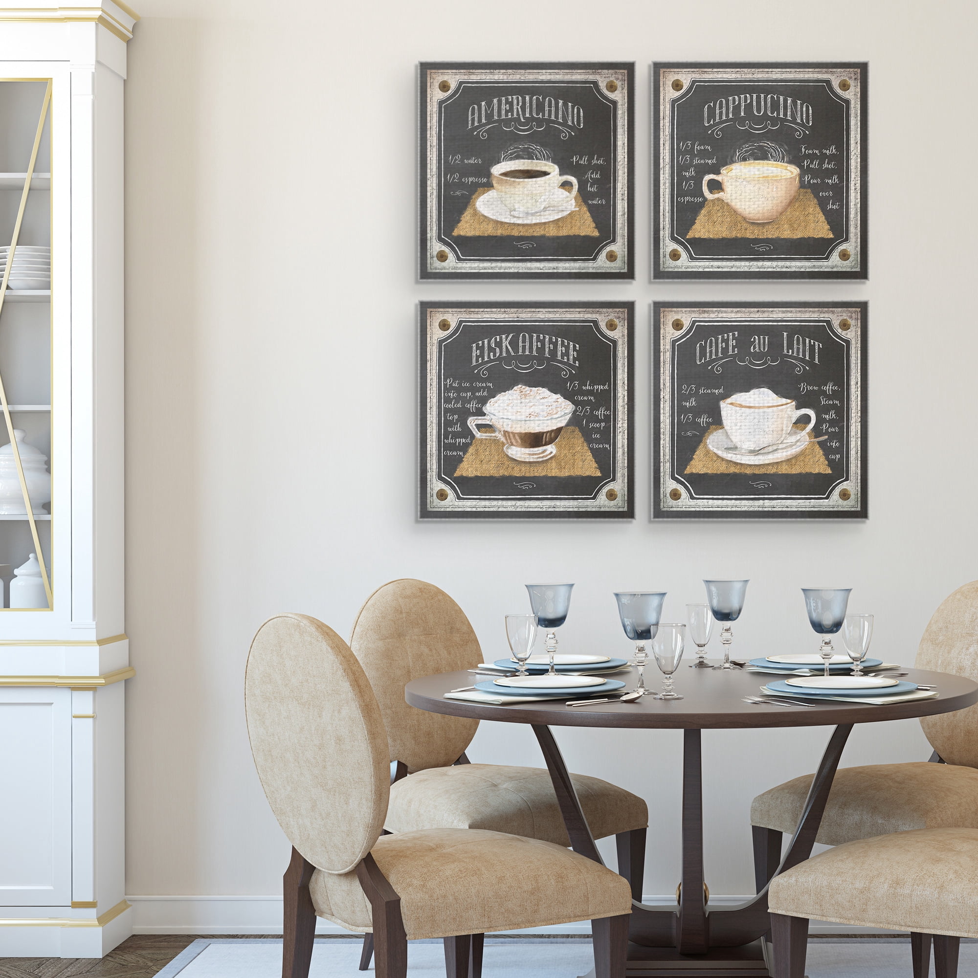 Masterpiece Art Gallery Chalk Americano, Cafe au Lait, Cappucino, Eiskafee Coffee By Lynnea Washburn Canvas Art Print Set of 4 12" x 12"