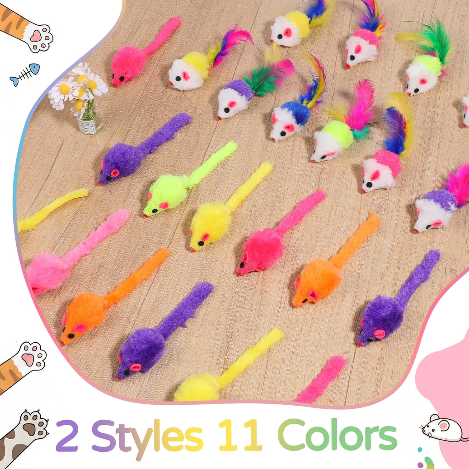 120 Pcs Fur Mice Cat Toys Furry Rattle Mouse Kitten Toy Assorted Interactive Cat Toys with Feather Tails for Indoor Cats Interactive Play Color Varies