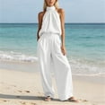 thumbnail image 3 of Gytharion Women's 2 Piece Outfits Summer Fashion Casual Sets Soild Color Sleeveless Halter Tops with Loose Wide-leg Long Pants, 3 of 6