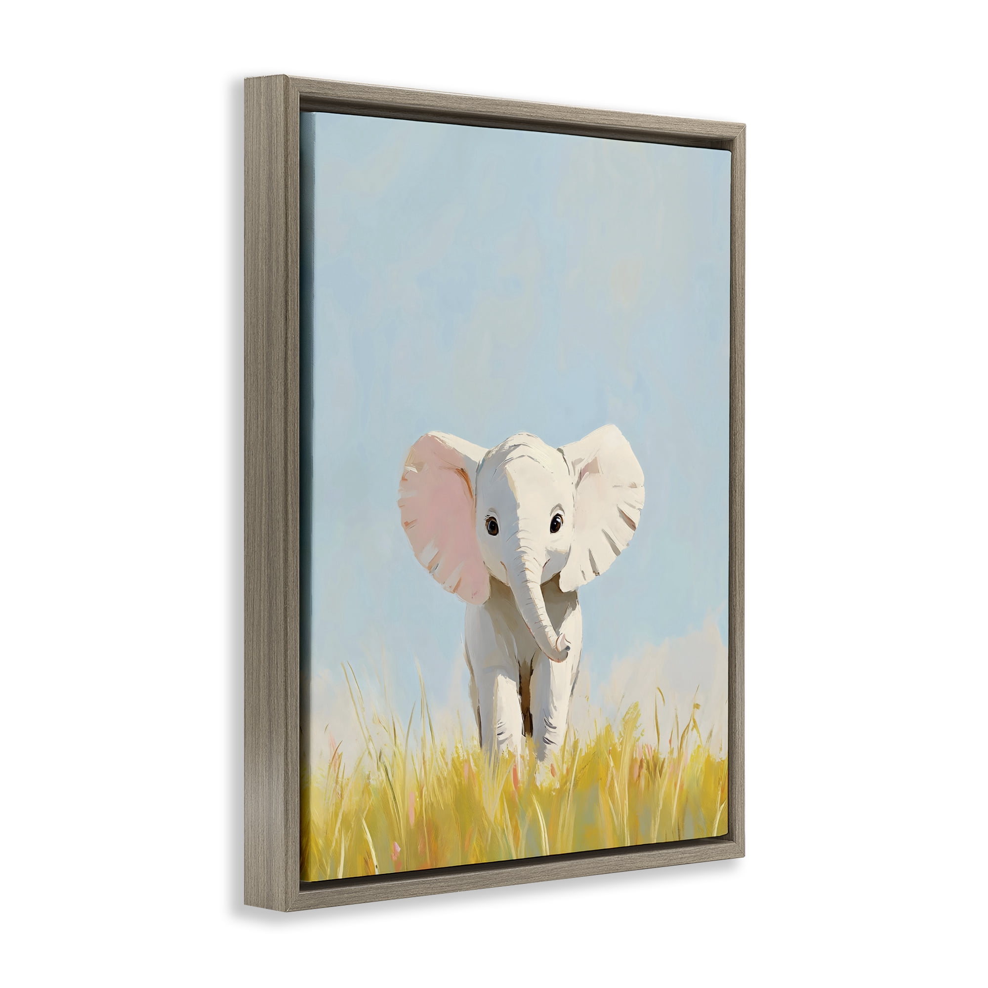 Stupell Industries White Baby Elephant in Grass Brown Framed Floater Canvas Wall Art, design by The Prints Vibe