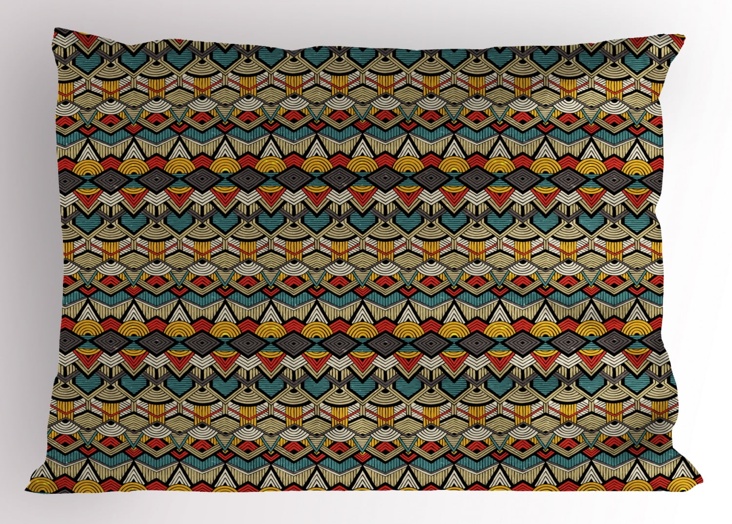 African Pillow Sham Complex Pattern of Triangles Half Circles and