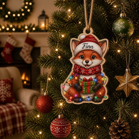 Christmas Ornament Personalized Fox Wooden Tree Hanging for Holiday Gift