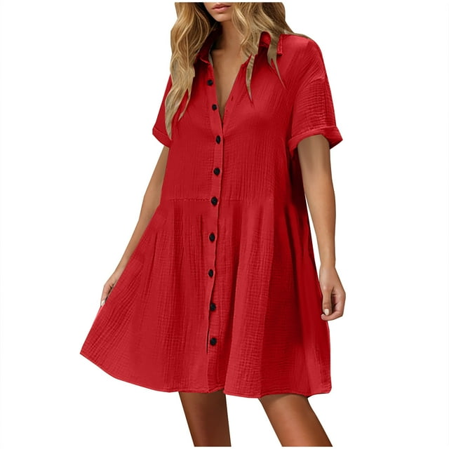Tumotour Robe d'Été pour Femmes Décontractée Col Rond Plissée Boutonnée Sans Manches Patchwork Mini Robe Ample Fluide Ligne A Courte