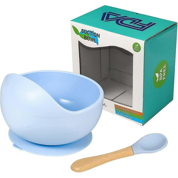 Juego de tazón y cuchara para alimentación de bebé, tazón de silicona con ventosa y cuchara de madera, base de succión de silicona antideslizante, kit de primera alimentación para bebé