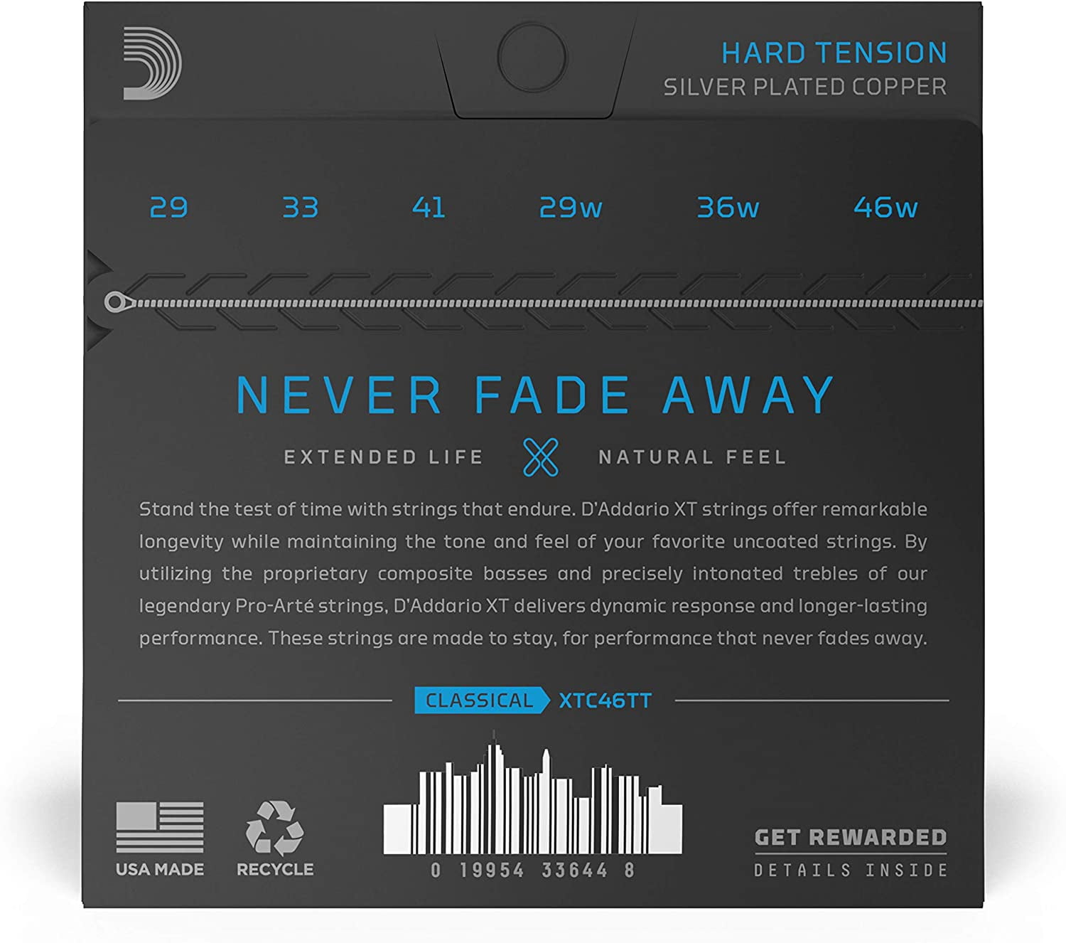 D'Addario XT Silver-Plated Copper Classical Guitar Strings, Dynacore Titanium, Hard Tension, 29-46w