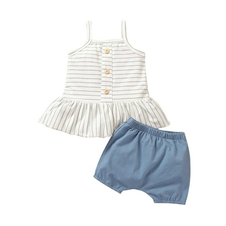 

Baby Girls Striped Camisol Vest Ruffled Tops+Shorts Set Outfits