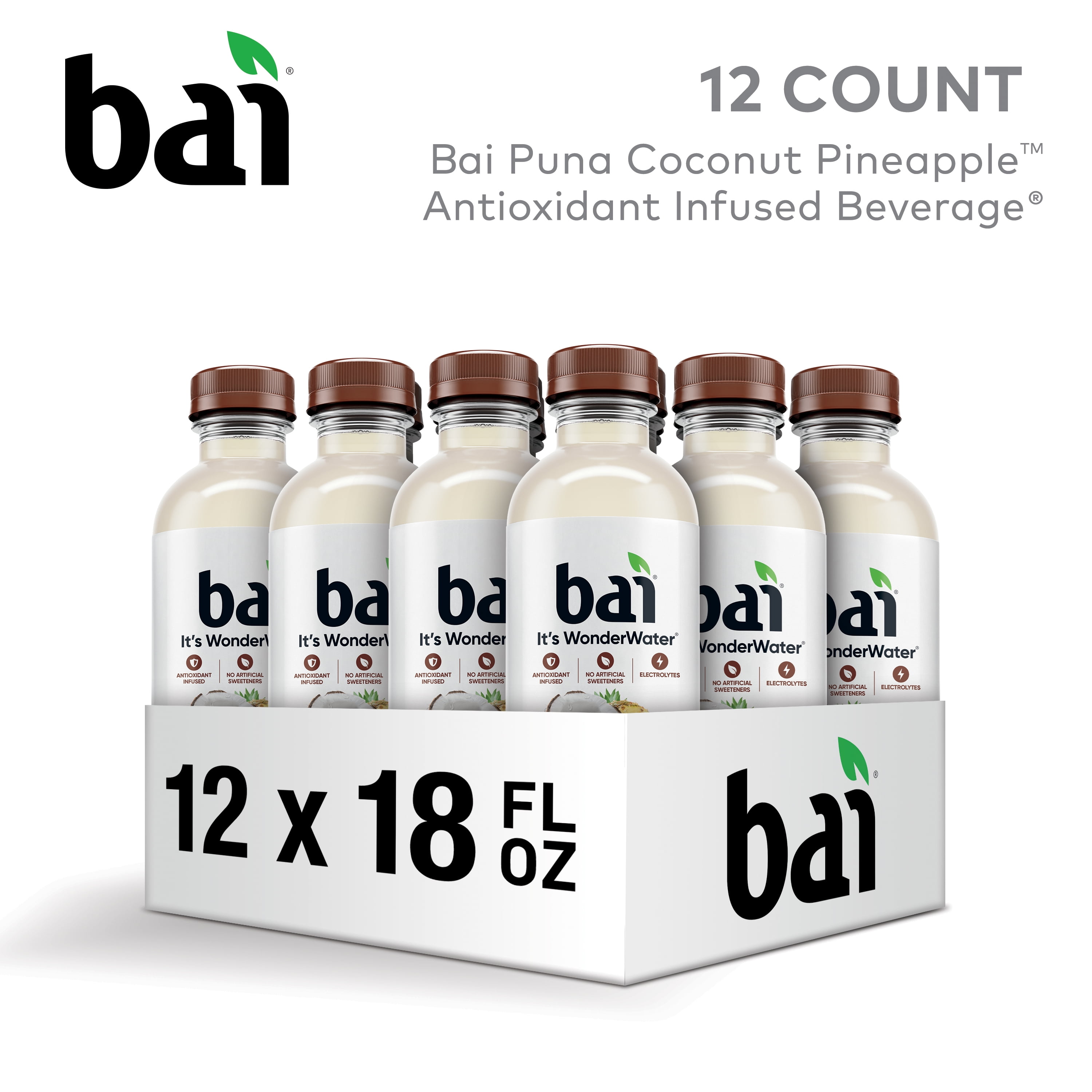 Bai Puna Coconut Pineapple Antioxidant Infused Water Beverage, 18 fl oz, 12 Pack Bottles