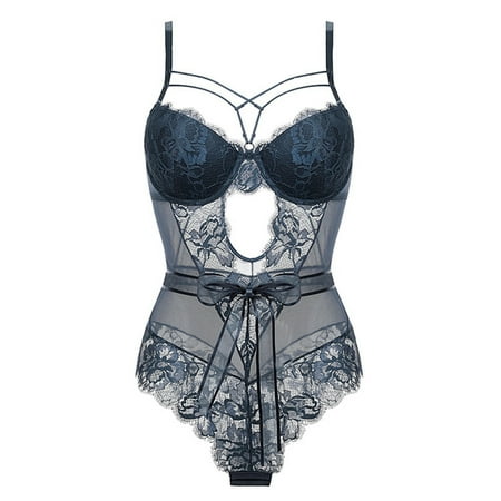 Midwennn French Seductive Bodysuit with Bow Tie Transparent Lace Fitted Lingerie Sculpting Teddy Satin Chemise Lingerie for Women plus Size