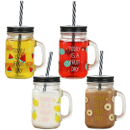 

HOMEMAXS 4pcs Drinking Bottles with Lids 500ml Glass Water Cup Straw Cup Fruit Juice Mug Beverage Glass (Red Watermelon Green Watermelon Lemon Orange - Straw for Random Color)