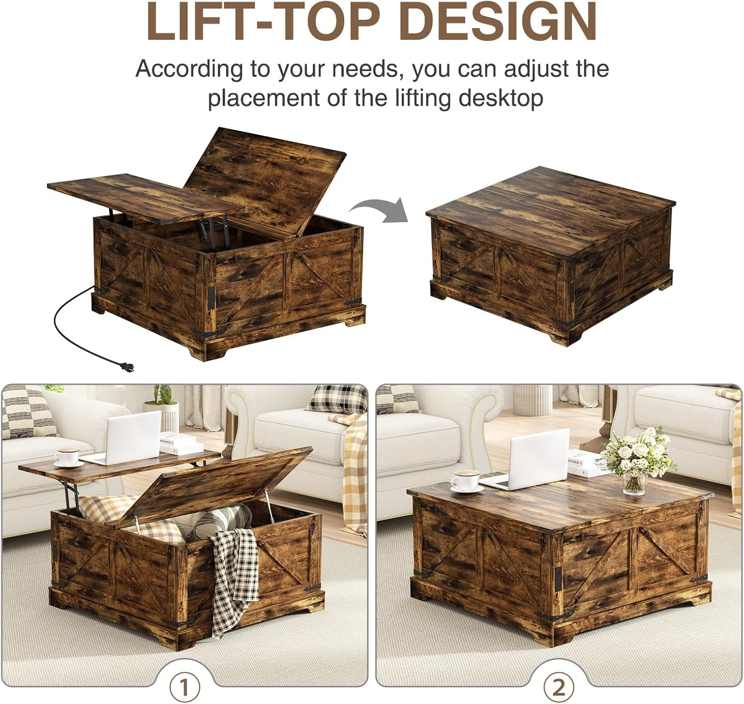 VEANERWOOD 35.4" Lift Top Coffee Table, Farmhouse Wood Square Center Table with Storage & Charging Station Hidden Compartment for Living Room, Home Office