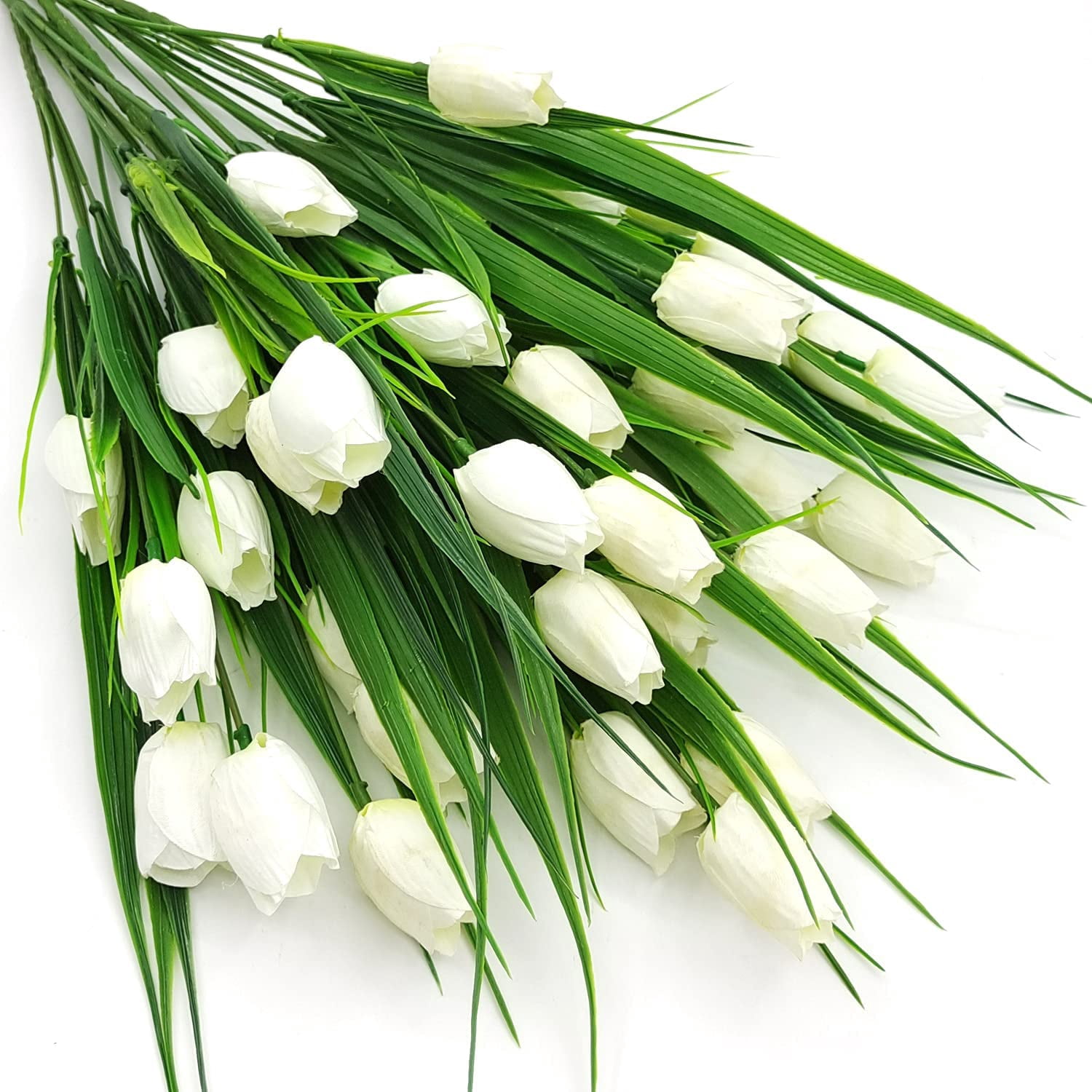 Outdoor Artificial Tulips Fake Flowers UV Resistant Faux Plastic Greenery Shrubs Plants for Home Outside Garden Porch Window Farmhouse Decor (White)