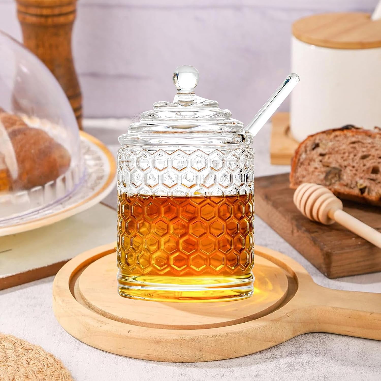 Glass Honey Jar, Pot Set with Lid and Dipper, Wide Mouth Dispenser, Syrup Container for Home Kitchen Decor, Storing (10 oz)