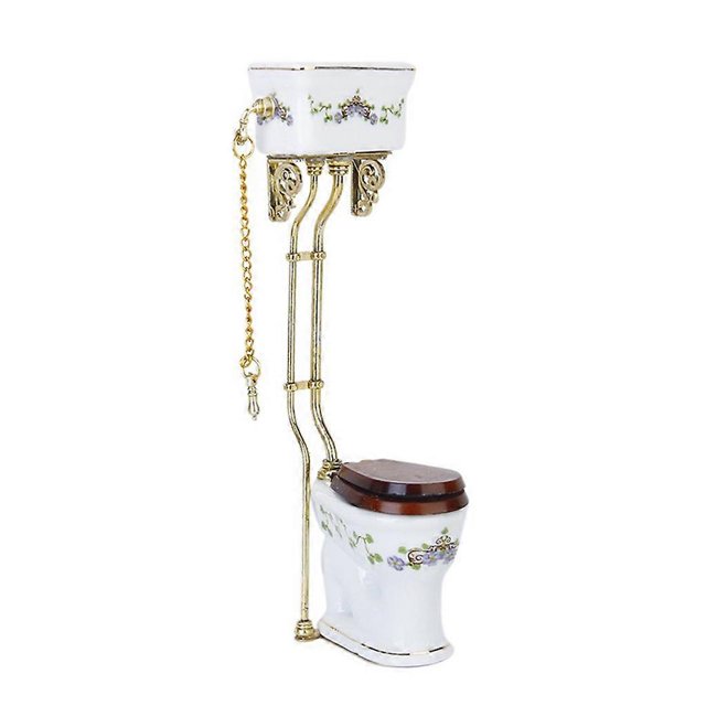 Vintage Victorian Style Bathroom Porcelain Toilet Doll House Miniature White + Gold
