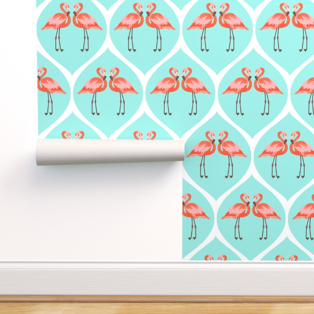 Peel-and-Stick Removable Wallpaper Flamingo Aqua Blue Pink Birds And