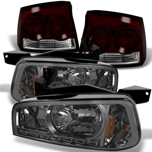 AKKON - For 09-10 Dodge Charger Smoke 1 Piece LED Headlights w/Corner Signal Lamps   Red Smoke Tail Lights Lamps