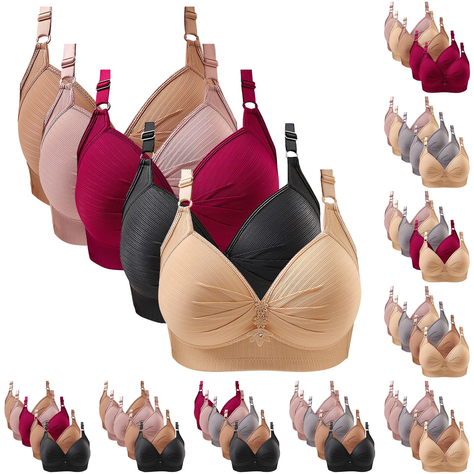 VISALY bra packs Cotton Bralette, Lace Back Support Bra Set 5 Pack, Strapless Bras for Women Large Bust, Plus Size Bras, Sticky Bra Backless Silicone Bras, Womens Cotton Bra, 5-Pack | Black,S/36