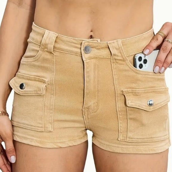 Wevis Women's Denim Cargo Shorts, Short Utility Jean Shorts with Flap Pockets, Button Zip Fly Casual Summer Shorts