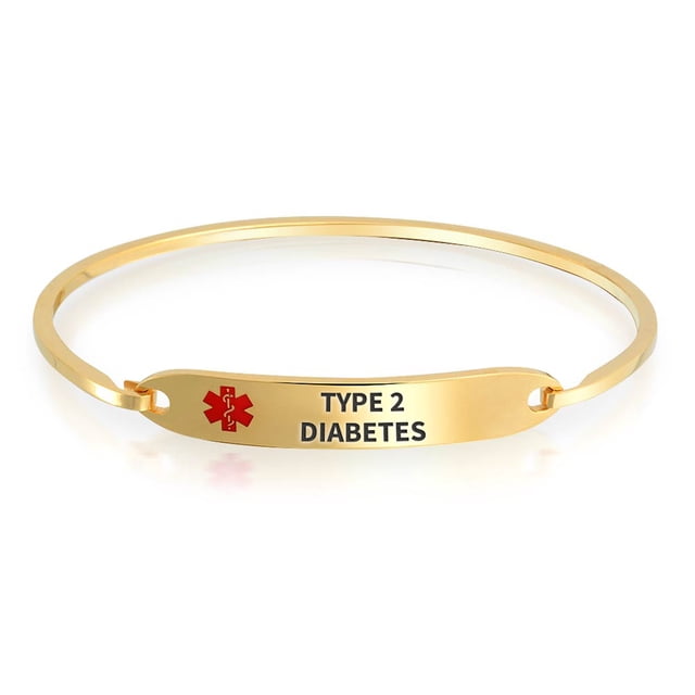 Bracelet d'Identification Médicale pour Diabète Type 2, Bracelet Élégant pour Femmes, Or, 2 Tons, Gravé sur Mesure