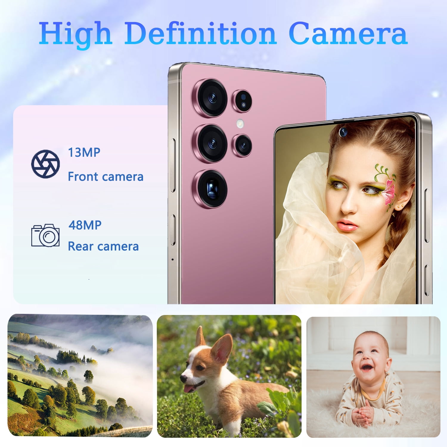 U25 Ultra 4G Unlocked Smartphone, 8GB+256GB/4500mAh Battery Fully Cell Phone for Android 14, 6.8" HD Screen Unlocked Cell Phone, 13MP+48MP Dual Camera/Dual SIM/Face Unlock(Rose Gold)