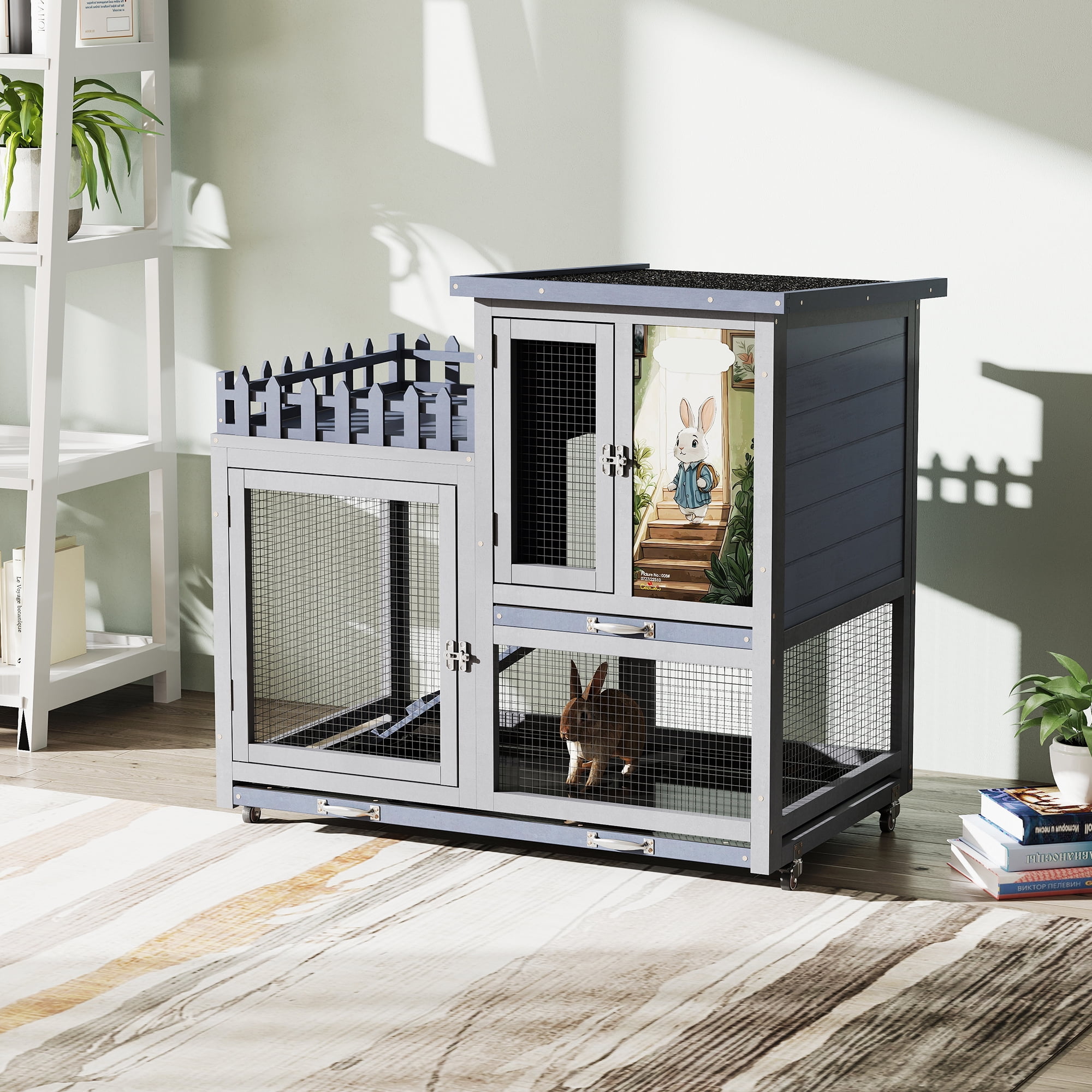 Grey Rabbit Hutch 2-Tier Wooden Bunny Cage with Wheels - Indoor/Outdoor Small Animal House for Rabbits, Guinea Pigs, Chinchillas - Waterproof Roof, Lockable Doors, Removable Tray & Ramp
