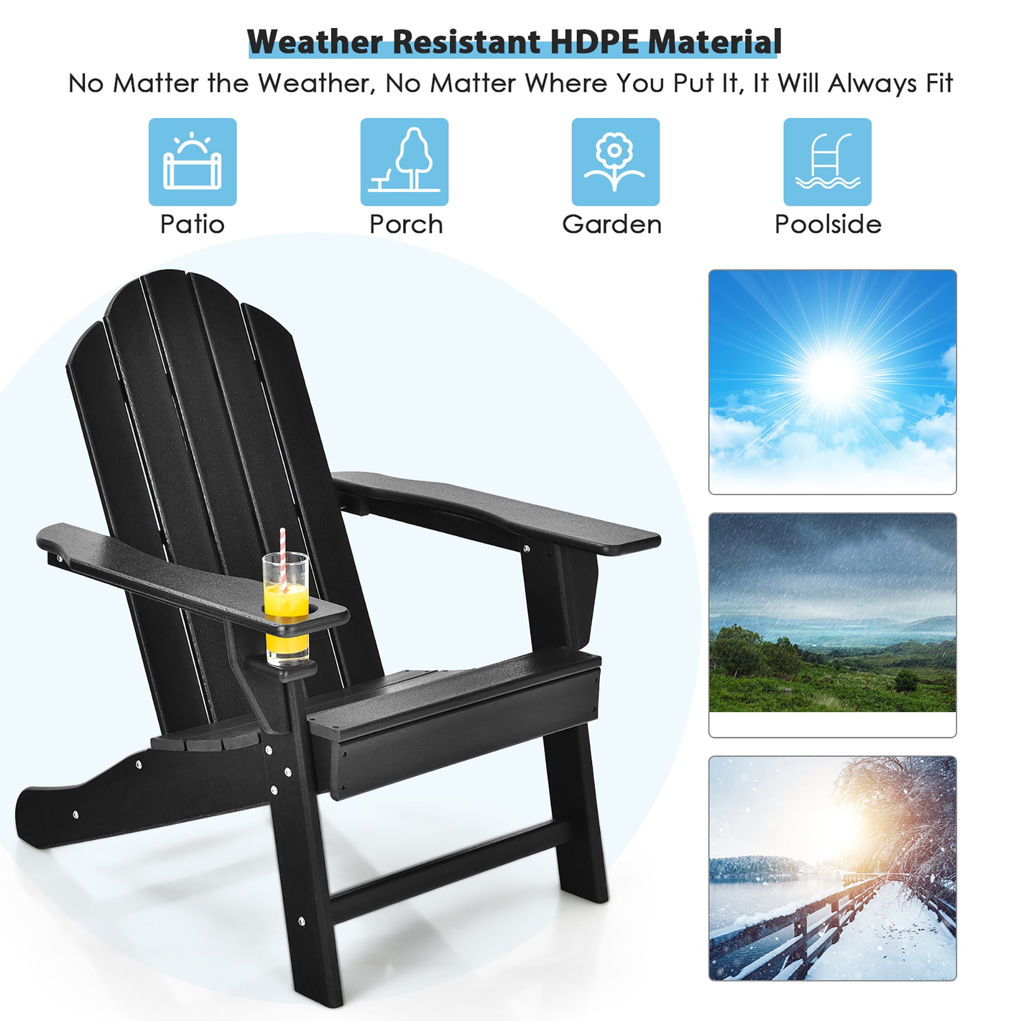 Costway 4PCS Patio Adirondack Chair Weather Resistant Garden Deck W/Cup Holder Black