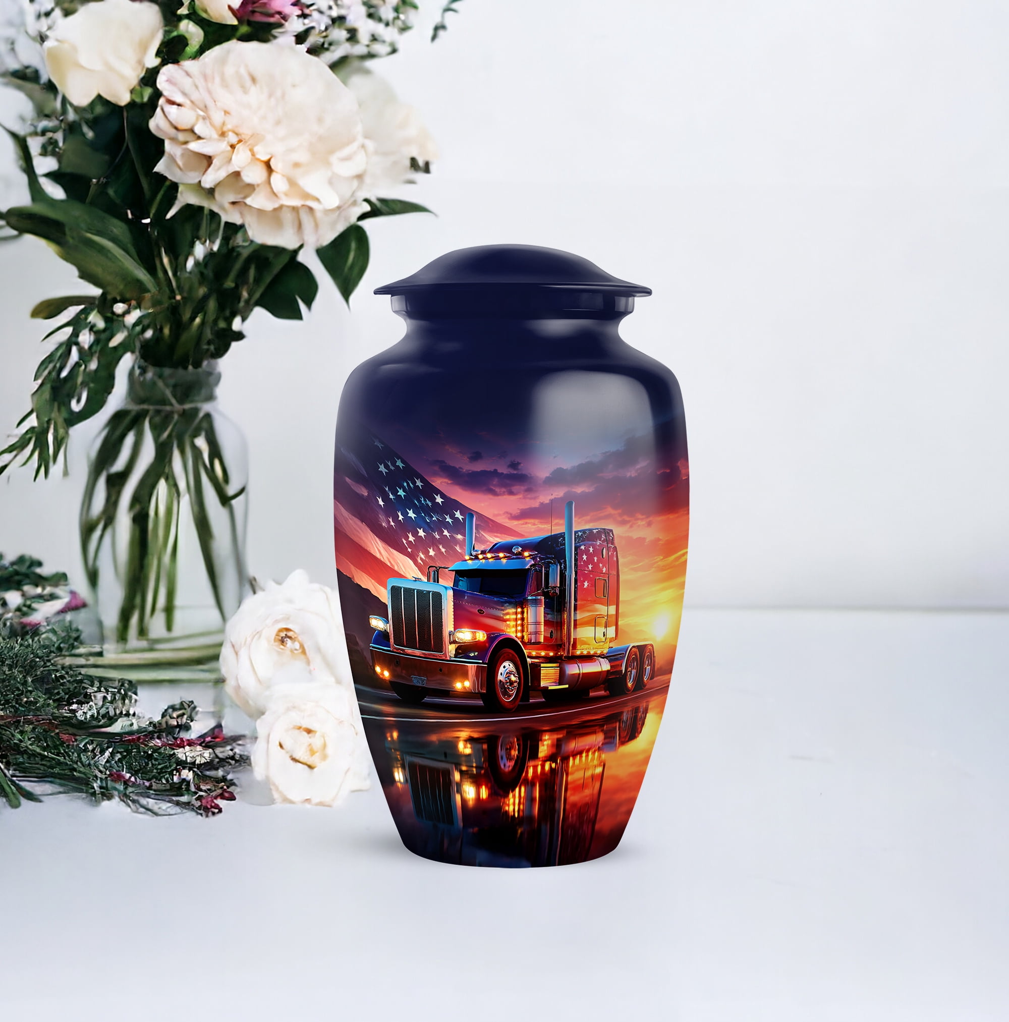 American Flag Sunset Truck Urns, Keepsake Mini Urn For Ashes Adult Male , Cremation Urn For Human Ashes, Funeral Memorial Urn For Ash (Size 10 Inch 1 Pcs & Size 3 Inch, 2 Pcs)