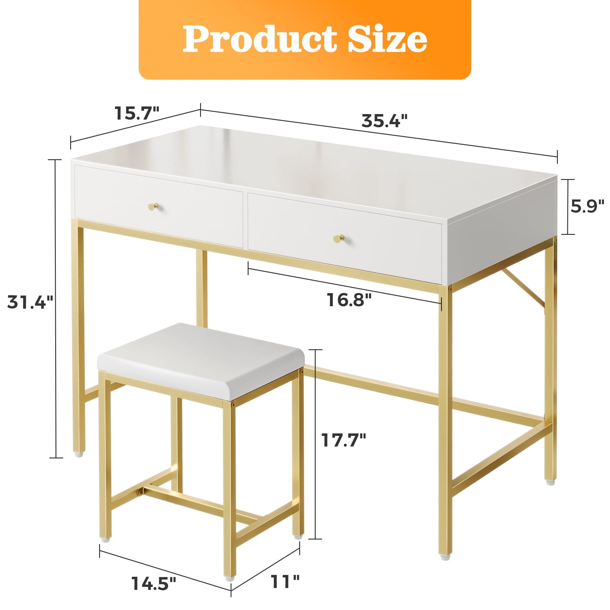 Amadwell 35.4 Inches White and Gold Desk with 2 Drawers, Vanity Desk with Padded Stool, Bedroom