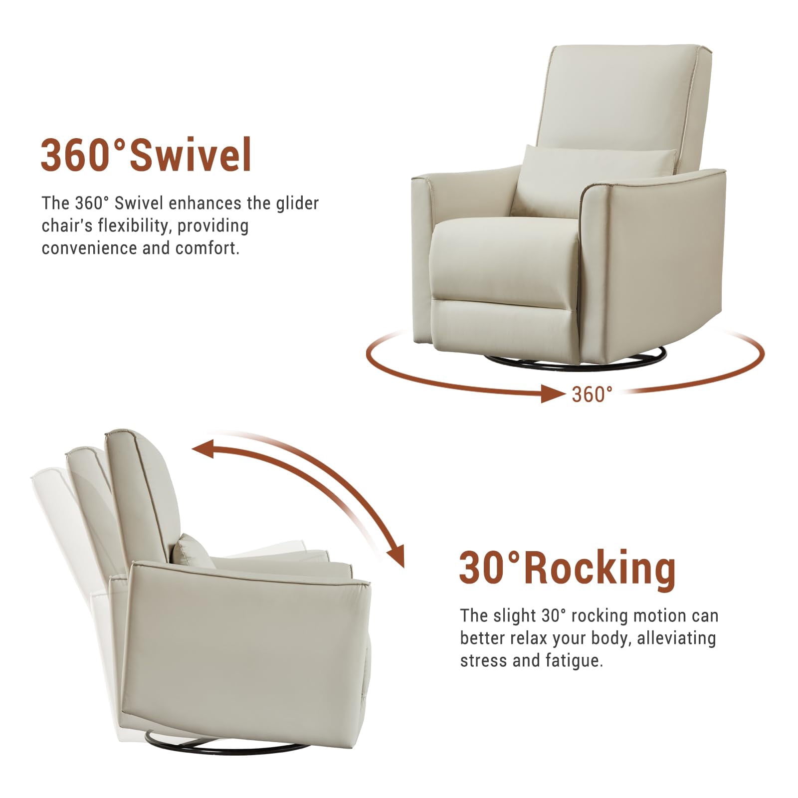 TROPOW 360° Swivel, Rocking Chair Nursery, Glider Rocker Recliner, PU Leather Sofa Chair with high Back, Deep Seat for Nursery, Living Room, Bedroom, Beige