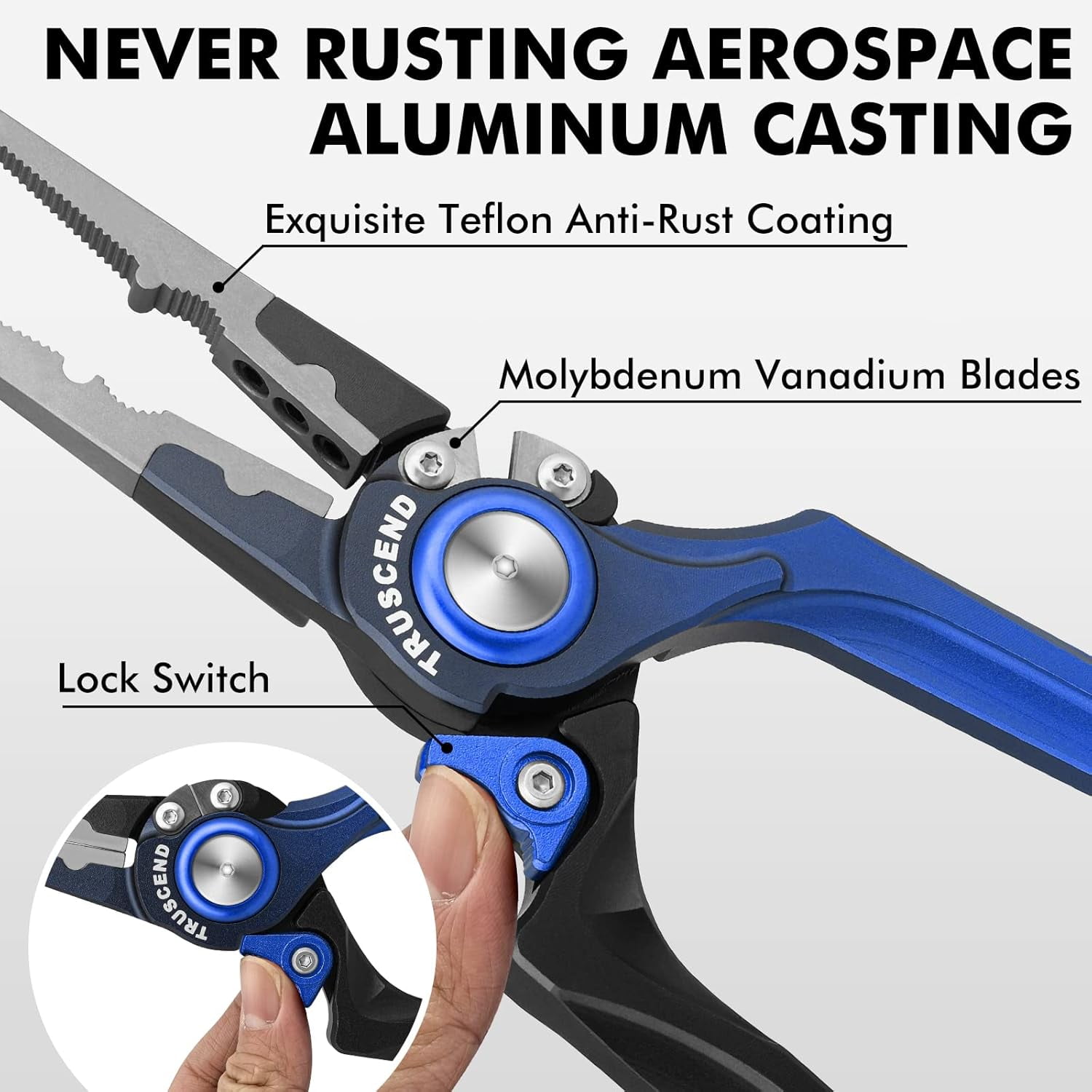 TRUSCEND Lockable Fishing Pliers with High Tungsten Cutter, Innovative Ergonomic Handy Handle, Saltwater Corrosion Resistant Teflon Coated Fishing Tool, Super Light Multi-Function Fishing Gifts
