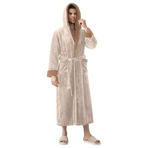 Men’s Long Sleeves Velvet Bathrobe Sleepwear Drawstring Adjustable Knee Length Cotton Bathrobe Plush Soft Long Towel Robe Pajama with Pockets for Mens