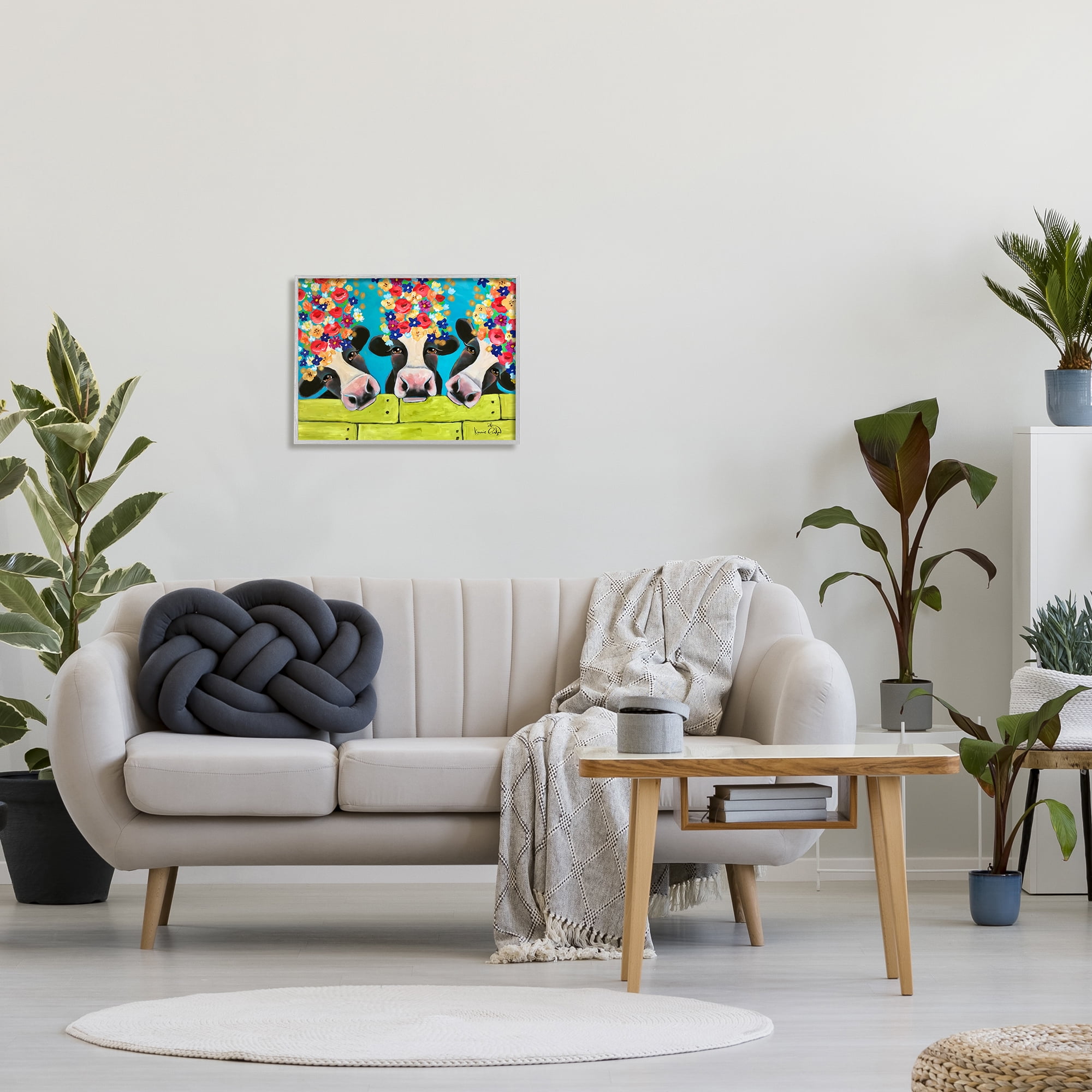 Stupell Industries Farm Cattle Cows Bright Flower Petals Green Planks Painting Gray Framed Art Print Wall Art, Design by Karrie Evenson