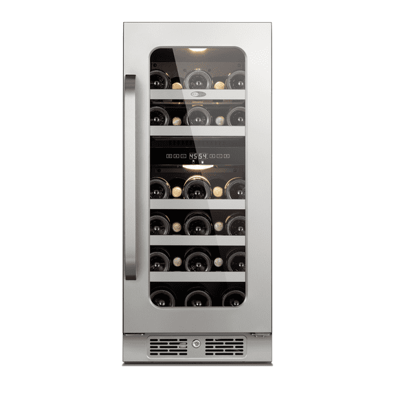 Whynter 15 Inch Wine Fridge Cooler - Dual Zone 29 Bottles Wine Fridge with Glass Door, Small Wine Refrigerator with 3 LED Light Built-in for Home Bar Kitchen